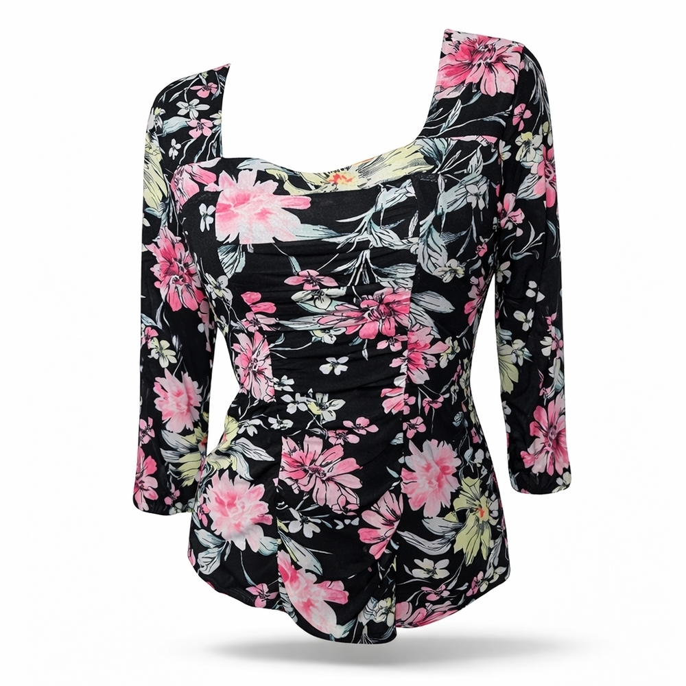 Sara Michelle Black and Pink Floral Blouse NWT Cut-Out Back - Picture 2 of 3